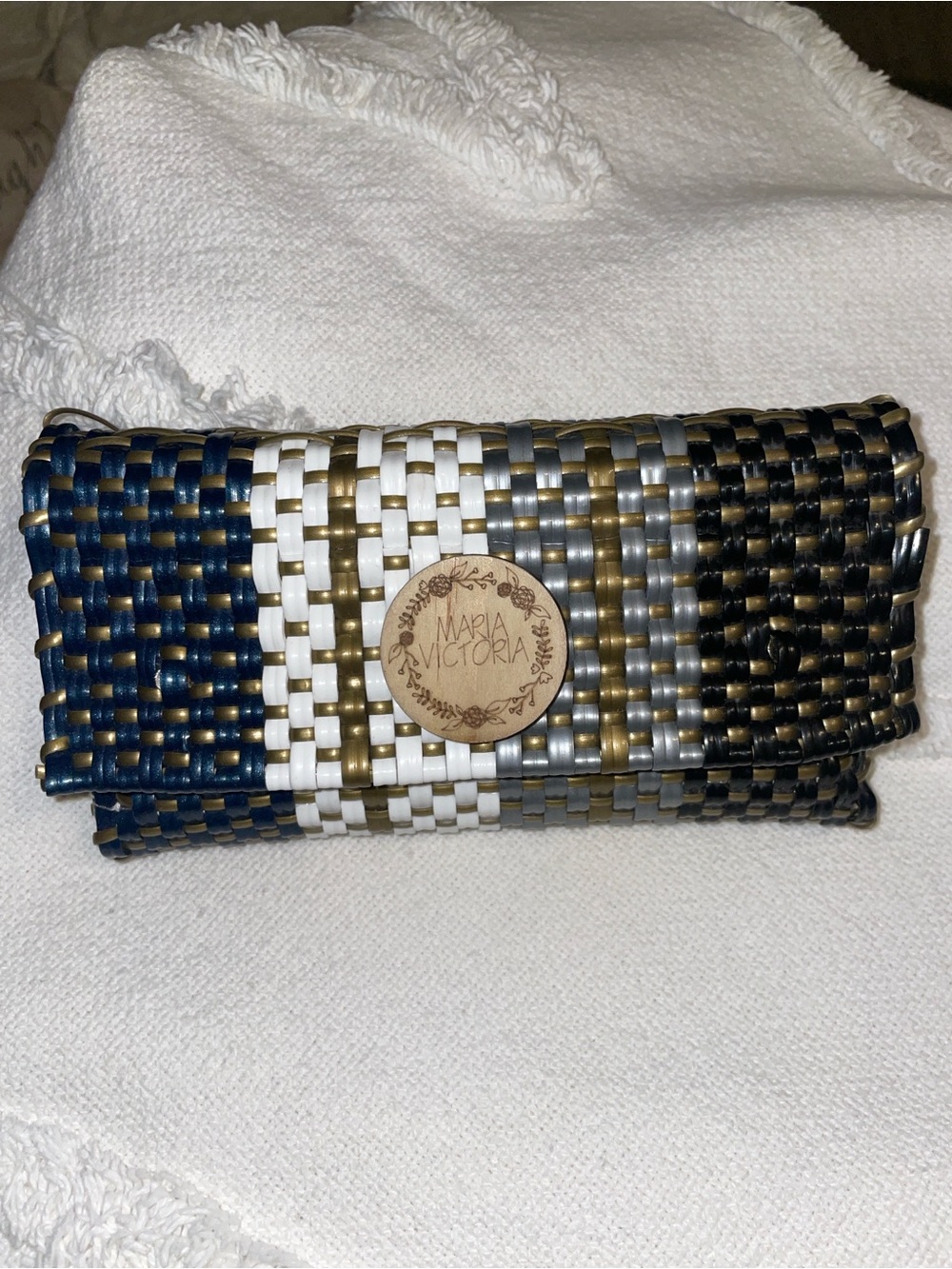 Maria Victoria Woven Clutch - Navy, White, Gold. Made in Mexico